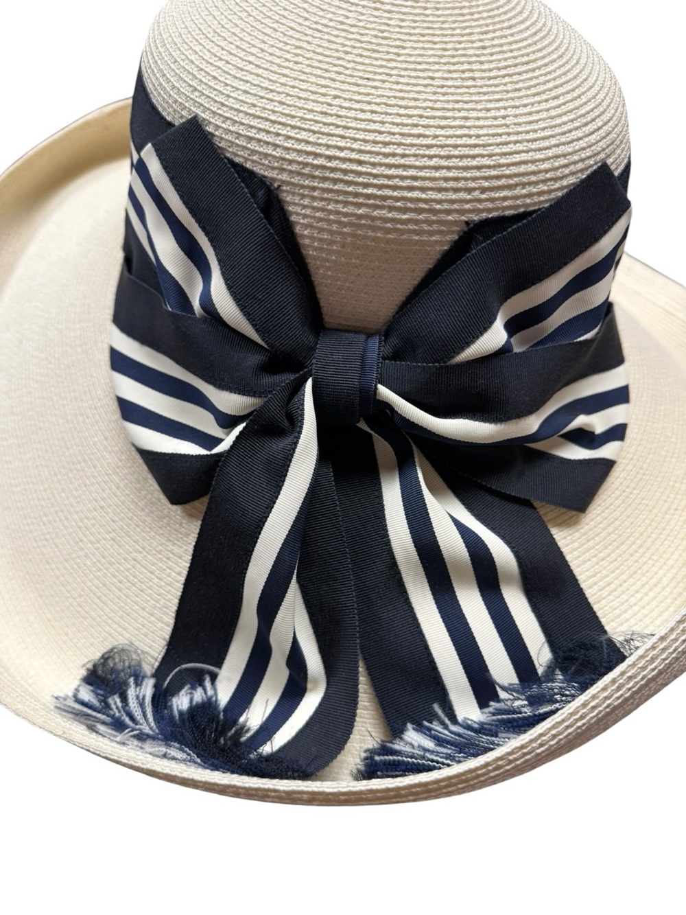 NWT Eric Javits Wide-Brim White Straw Sun Hat with Navy Striped Band 16” - Picture 7 of 10